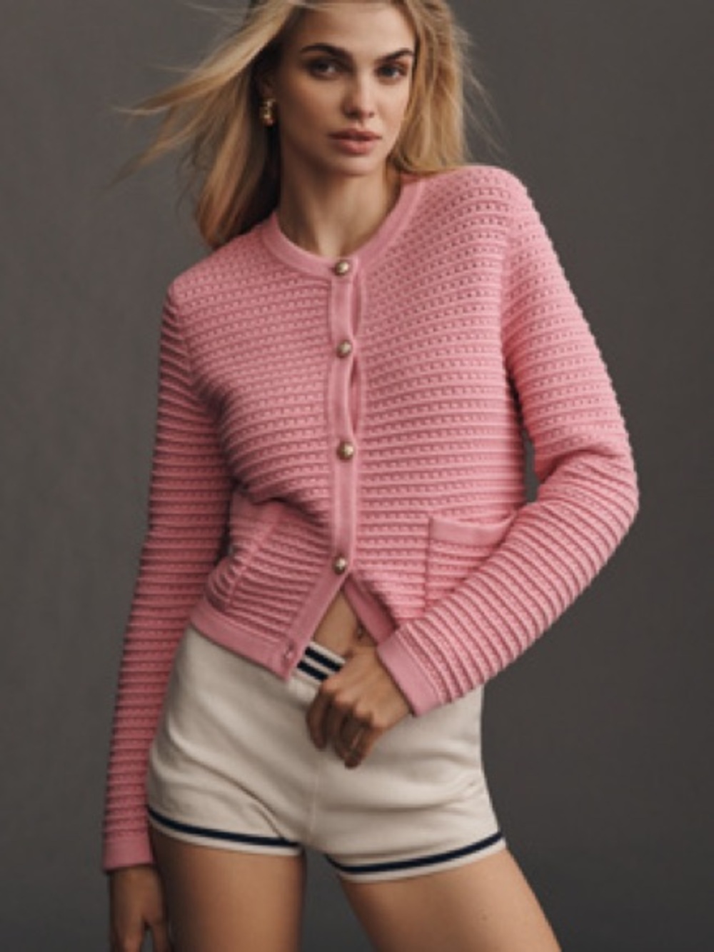 Anthropologie NVLT Pink Knit Lady Jacket Cardigan Gold Buttons Size S